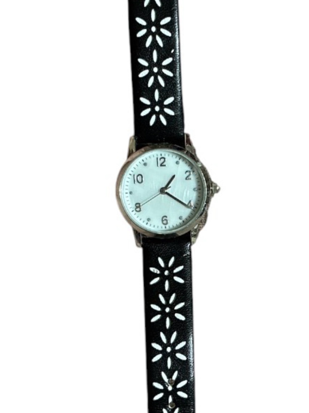 Black Floral Cutout Imitation Leather Strap Watch with Silver Dial